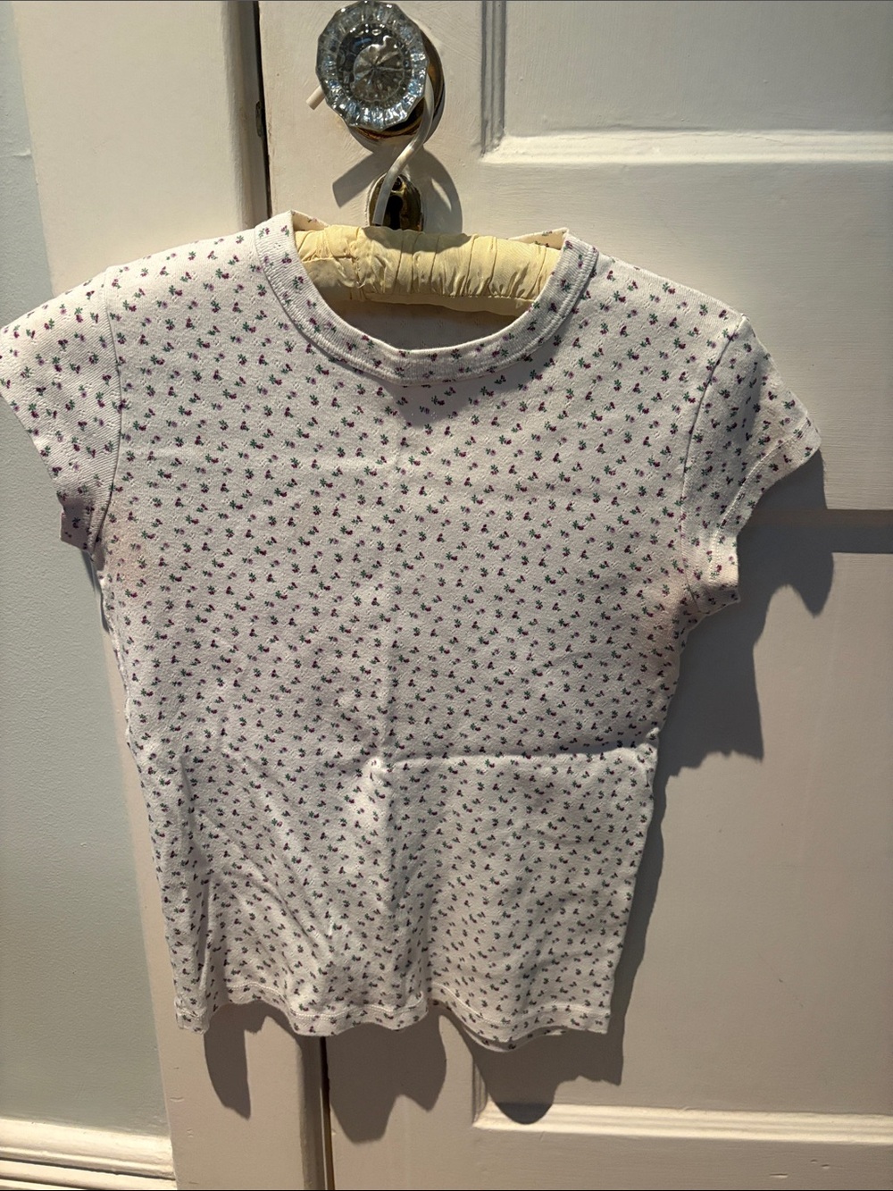 Brandy Melville White Short-Sleeve Tee with Tiny Purple Floral Print